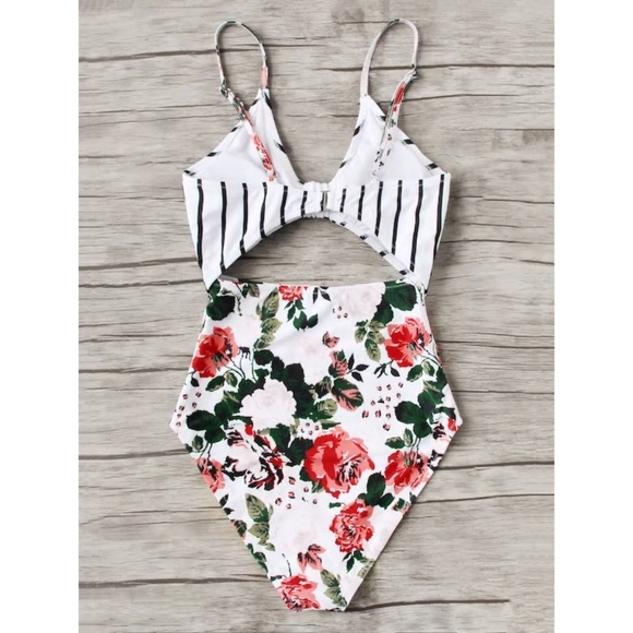 One Piece Cut out Floral Striped Swimsuit New! - Picture 3 of 6